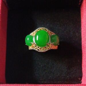 Green Jade (D) 8.70 ctw 3 Stone Ring in 18K Vermeil YG and Rhodium Over Sterling